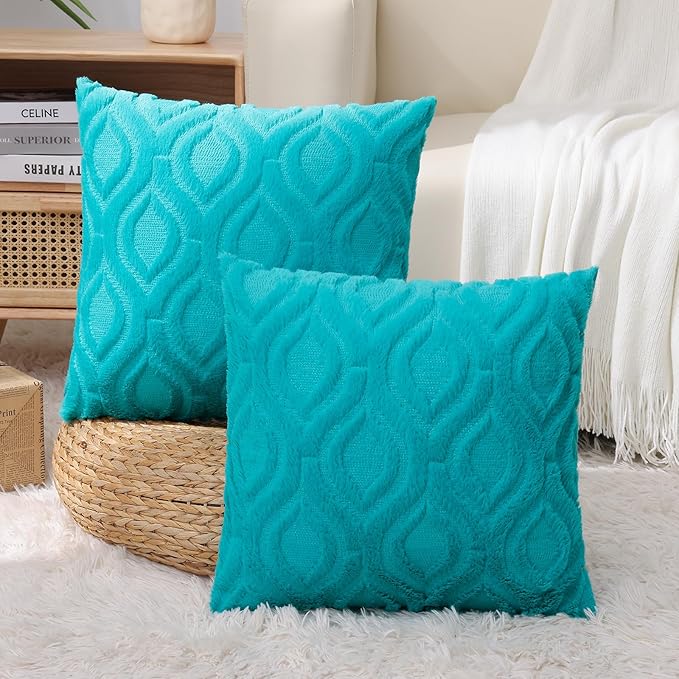 decorUhome Fall Throw Pillow Covers 16x16 Inch Set of 2, Soft Plush Decorative Faux Fur Turquoise Solid Couch Pillow Covers, Accent Farmhouse Neutral Square Euro Pillow Cases for Sofa Bed Living Room