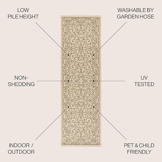JONATHAN Y Vintage Filigree Indoor Outdoor Runner Rug 2X8 Beige/Brown, Charleston Textured Weave for Backyard, Patio, Porch, Easy-Cleaning, High Traffic, Pet-Friendly, Non-Shedding (SMB106A-28)