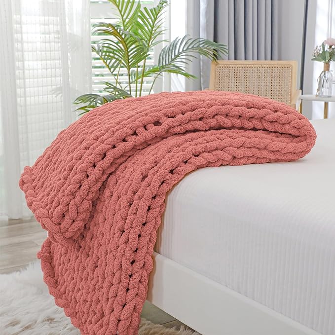 Bigacogo Chunky Knit Throw Blanket for Couch, 40x40 inches, 100% Hand Knitted with Thick Jumbo Chenille Yarn, Cozy Soft Large Rope Knot Cable Crochet Blankets for Sofa Bed Living Room, Antique Red