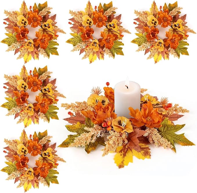 6 Pcs Fall Floral Swags Wreaths Mini Autumn Artificial Candle Rings Wreaths with Berries 3 inch Farmhouse Cabinets Hanging Wreath for Pillar Front Door Porch Wall Window Decoration
