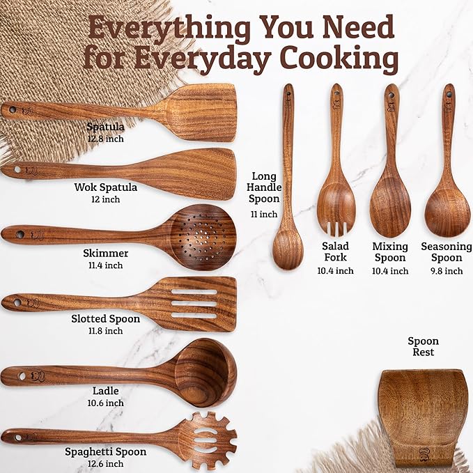 PriorityChef Premium Wooden Spoons for Cooking - 10pc with Spoon Rest and Hanging Hooks, Smooth Finish Teak Wooden Utensil Set, Heat-Resistant & Nonstick Safe, Ideal for Gifting