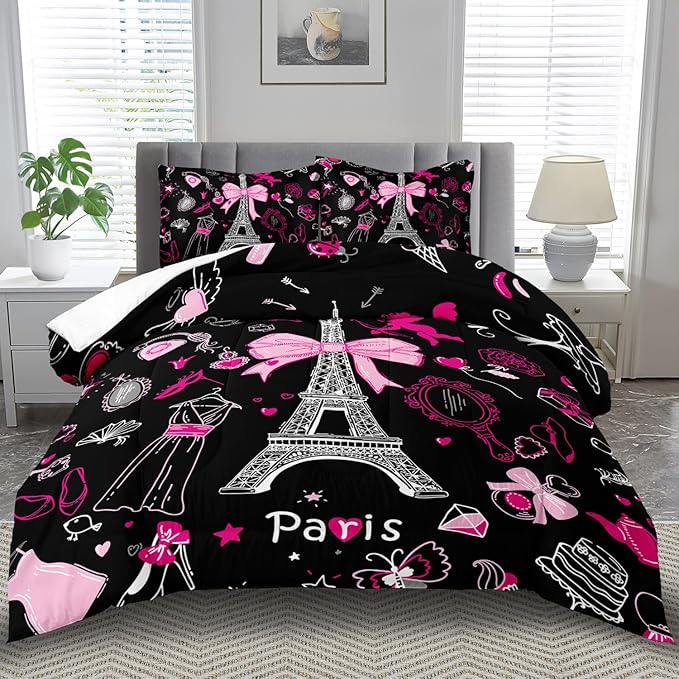 Eiffel Tower Comforter Set Full Size,Eiffel Tower Bedding Set for Girls, Pink and Black Paris Themed Comforter Bedroom Decor,Paris Quilt French Style Romantic Bedding