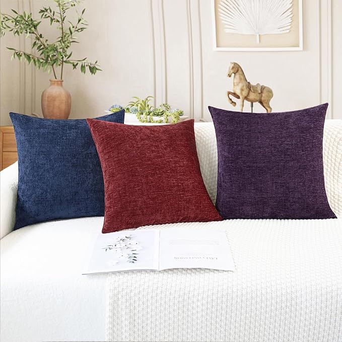 CaliTime Throw Pillow Covers Decorative 22 X 22 Inches Pack of 2 Cozy Chenille Cushion Cases for Couch Sofa Bed Living Room Home Plum Purple