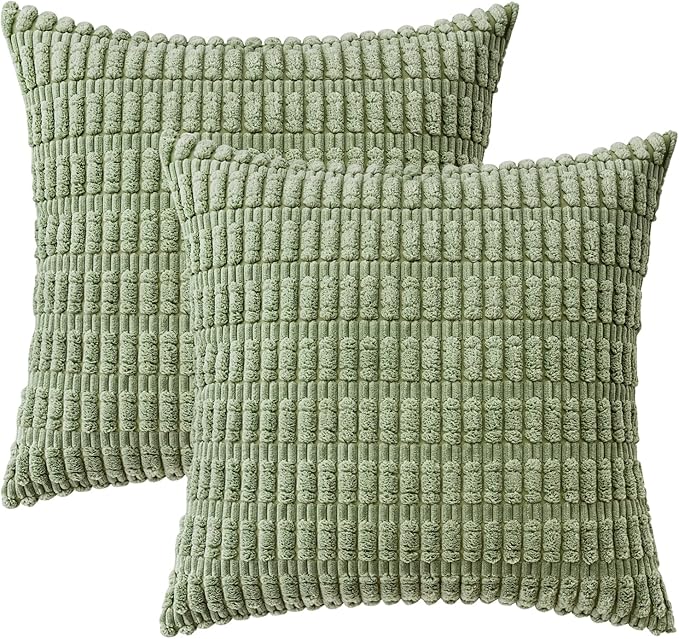MIULEE Pack of 2 Corduroy Decorative Throw Pillow Covers 20x20 Inch Soft Boho Striped Pillow Covers Modern Farmhouse Home Decor for Summer Sofa Living Room Couch Bed Sage Green