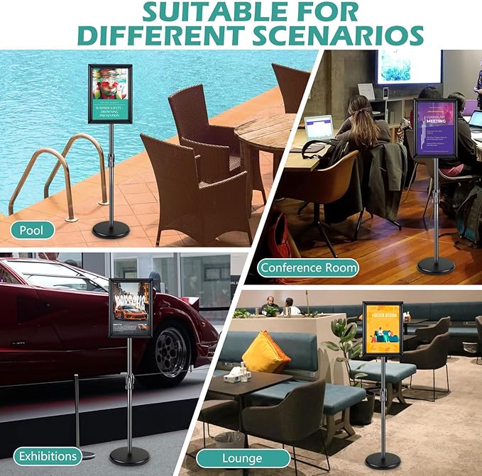 6 Pack Sign Holder Stand - 8.5 ×11 inch Standing Display Sign Stand, Adjustable Poster Sign Holder Heavy Duty Pedestal Floor Sign Stand, Snap Open Frame for Vertical & Horizontal View, Black