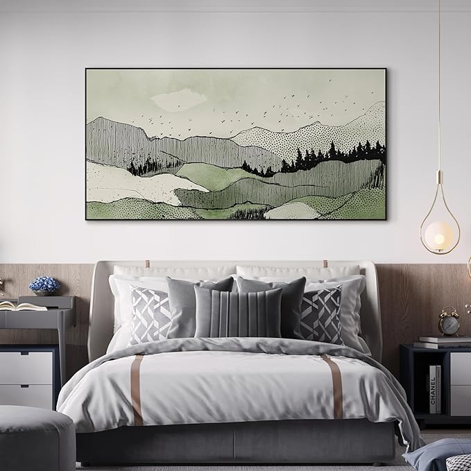 SIGNWIN 36"x72" Extra Large Framed Wall Art Green Line Art Mountain Landscape Illustration for Home Living Room Bedroom Decor (Frame Assembly Required)