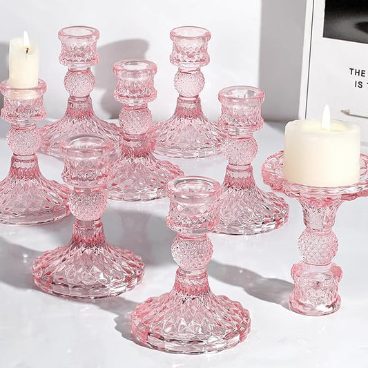 12Pcs Pink Candlestick Holders Set- 4" H Taper Candle Holders Bulk, Glass Candle Holders for Wedding, Party, Romantic Dinner Table Centerpieces, Festival Gifts & Windowsill Decor