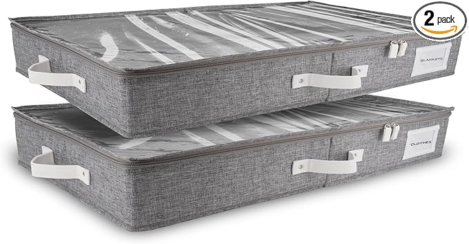 HOMELUX THEORY 2pc Low Profile Under Bed Storage Containers, Thin Under Couch Storage Organizer with Bins & Lids, Underbed Storage Box Ideal for Seasonal Clothes, Blankets, Fabric & Shoes (LightGray)