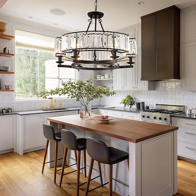 Vintage Crystal Chandelier Black 6 Lights Hanging Ceiling Light Fixture Iron Frame Pendant Lighting for Farmhouse Decoration Dining Table Living Room