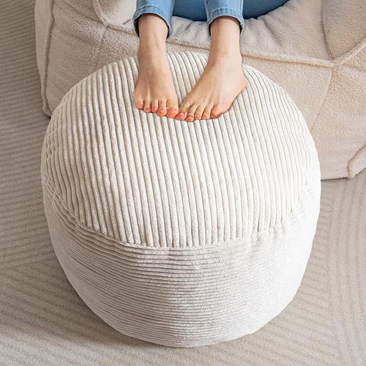HIGOGOGO Round Stuffed Pouf Ottoman, Corduroy Poufs with Foam Chunk Filling, Furry and Fluffy Pouf Foot Stool Storage Ottoman, 20 X 15 Floor Poufs Foot Rest for Living Room, Beige