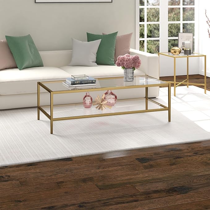 Henn&Hart 54" Wide Rectangular Coffee Table with Glass Shelf in Antique Brass, Modern coffee tables for living room, studio apartment essentials