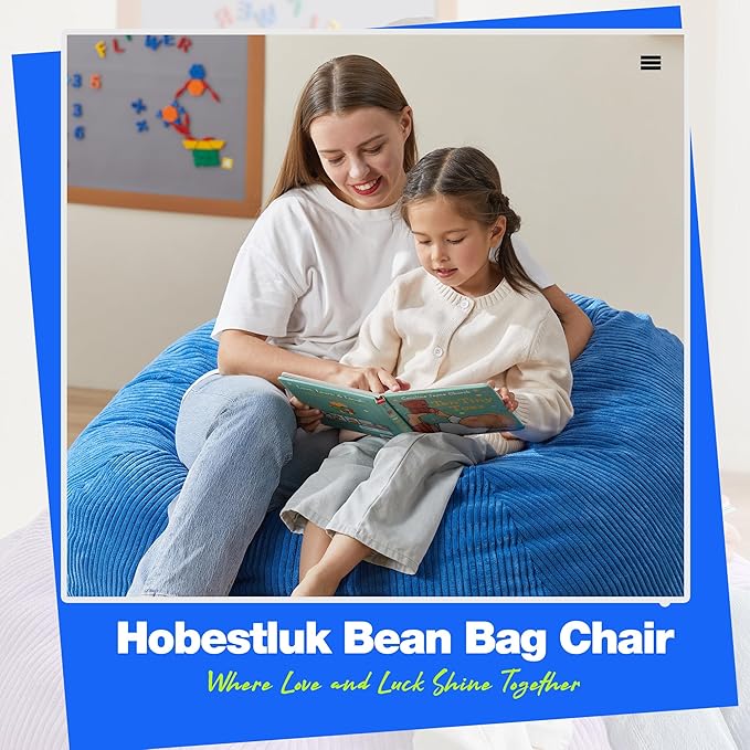Hobestluk 4.5FT Bean Bag Chair Giant Bean Bag Chair with Filler Included Adult Bean Bag Chairs with Removable Cover for Bedroom Living Room (Jumbo, Blue)