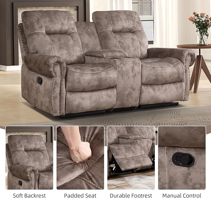 EBELLO Manual Recliner Loveseat Sofa, 2 Seater Reclining Couch Chair with Center Console, Hidden Storage and Cup Holders, Vintage Rivet Mid-Century Design for Living Room, Meeting Room, Brown