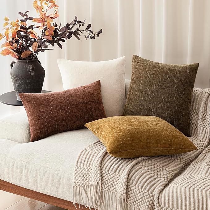 Foindtower Pack of 2 Soft Textured Chenille Throw Decorative Pillow Covers Square Accent Solid Cushion Cover Neutral Farmhouse Pillow Case for Couch Sofa Bedroom Living Room 24x24 Inch,Taupe Brown