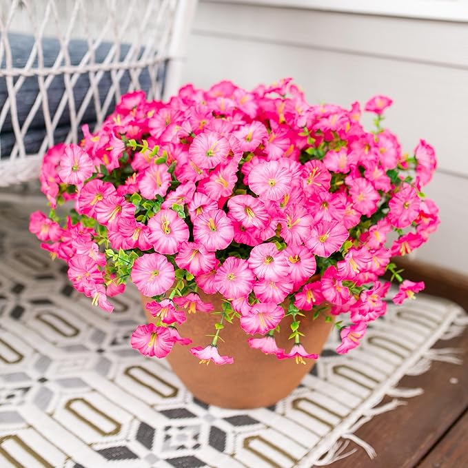 Artificial Flowers for Outdoors Fake Plants Outside Decoration, 12 Bundles Silk Pink Morning Glory with Eucalyptus UV Resistant Look Real Faux Flowers for Planter Front Door Yard Gardens Home