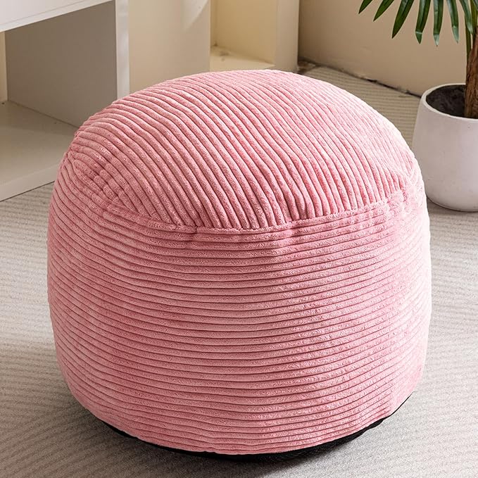 HIGOGOGO Round Stuffed Pouf Ottoman, Corduroy Poufs with Foam Chunk Filling, Furry and Fluffy Pouf Foot Stool Storage Ottoman, 26 X 18 Floor Poufs Foot Rest for Living Room, Pink