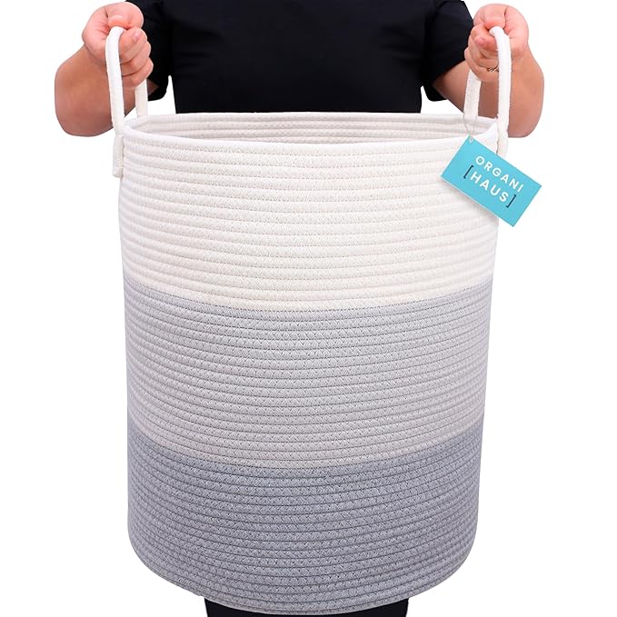 OrganiHaus Gray Nursery Laundry Basket 15x18 | Farmhouse Hamper Basket | Extra Large Storage Basket | Blanket Basket for Living Room | Baby Laundry Hamper | Toy Basket for Kids | Soft Pillow Basket