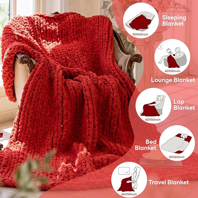 Chunky Knit Blanket - Luxury Soft Cozy 60 * 80 Throw Blanket,100% Woven Blanket Rope Knot Throw Blanket for Couch, Sofa, Home Decor, Gift - Machine Washable(Wine red)
