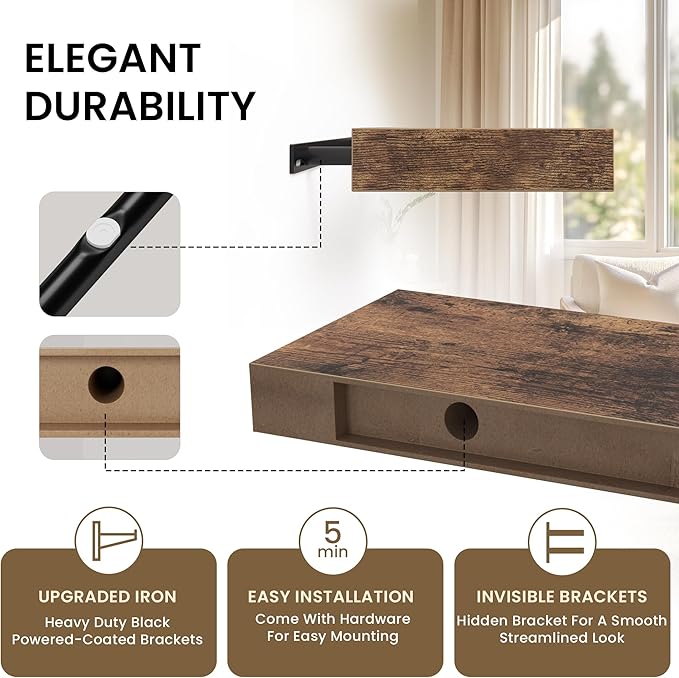 Floating Shelves for Wall, 31.5"W x 6.7"D x 1.5"H, Wooden Wall Mounted Display Shelf with Invisible Brackets for Living Room, Bedroom, Bathroom, Kitchen Decor & Storage, Set of 2, Rustic Brown