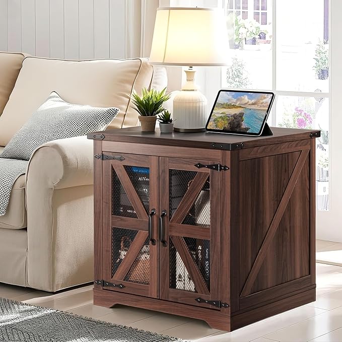 Farmhouse End Table, 24" Large Sofa Side Table with Charging Station, Mesh Barn Door, Rustic Wood Nightstand with Adjustable Storage Shelf, Square Nightstand for Living Room