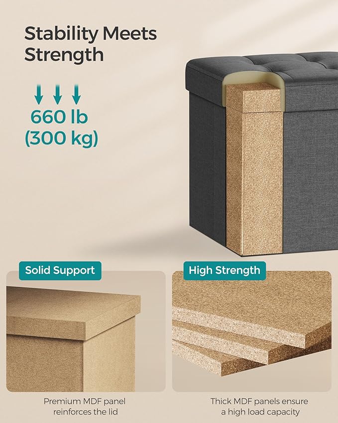 SONGMICS Folding Storage Ottoman Bench,38 x 38 x 38 cm, Ottoman Foot Rest, End of Bed Bench, Storage Chest, Load 300 kg, for Living Room, Bedroom, Entryway, Dorm, Dark Gray ULSF27Z