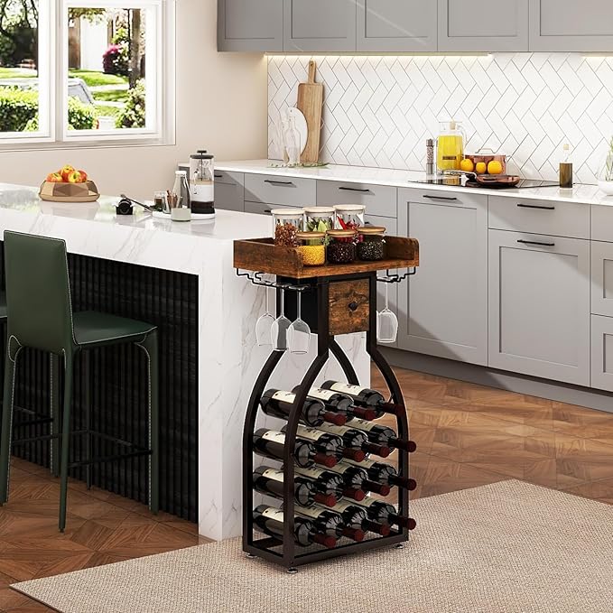 IBUYKE Wine Rack Freestanding Floor,Wine Storage 15 Bottles Bottle Rack with Glass Holders, Mini Bar Wine Cabinet with Storage Drawer for Home Bar Kitchen Dining Room,Rustic Brown,UTMJ908H