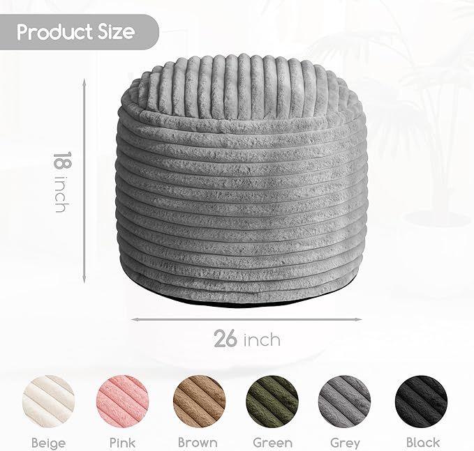 HIGOGOGO Round Stuffed Pouf Ottoman, Stripe Faux Fur Poufs with Foam Chunk Filling, Furry and Fluffy Pouf Foot Stool Storage Ottoman, 26 X 18 Floor Poufs Foot Rest for Living Room, Grey