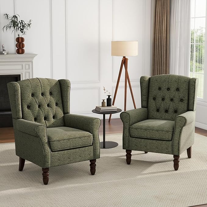 UIXE High Back Accent Chairs Set of 2, Upholstered Armchair in Fabric for Living Room, Retro Wingback Arm Chair Comfy Single Sofa Bedroom Reading Seat with Solid Wood Legs - Green