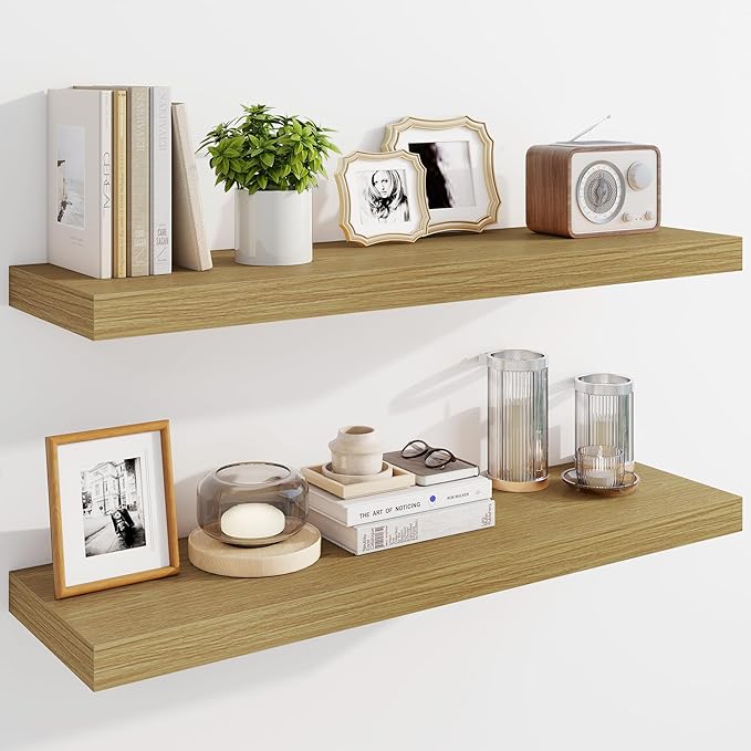 Marsmiles 36" Floating Shelves for Wall, Wooden Shelves with Invisible Brackets Set of 2, Rustic Farmhouse Wall Mounted Shelf for Kitchen Bathroom Living Room Study, Natural Oak