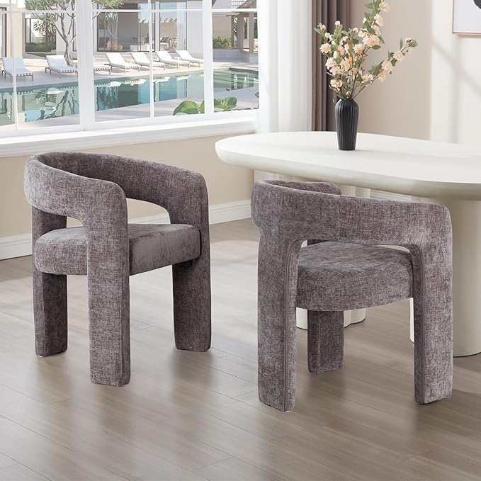 Charcoal Grey Chenille Dining Chairs Set of 6, Modern Barrel Dining Room Chairs Upholstered Accent Chair with Arms and Round Back for Living Room Kitchen Armchair No Assembly Needed