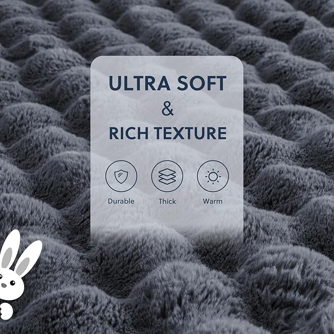 Cozy Faux Fur Throw Blanket for Bed-Warm Fuzzy Throw Blanket, Soft Plush Thick Bubble Blankets for Bedroom and Living Room, Furry Luxury Blanket, 60 x 80, Grey