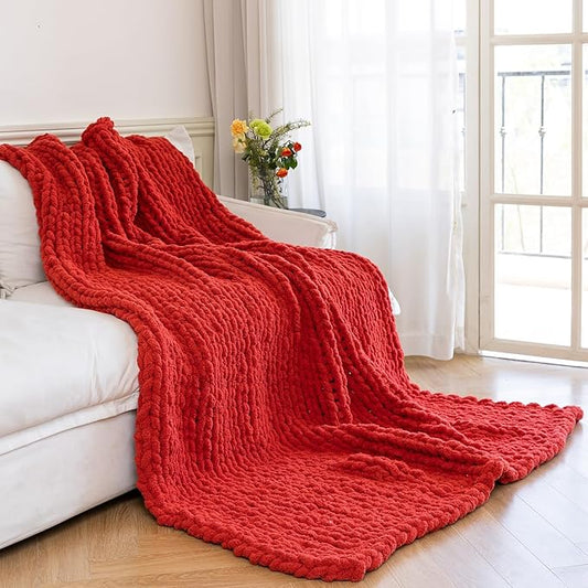 Chunky Knit Blanket - Luxury Soft Cozy 60 * 80 Throw Blanket,100% Woven Blanket Rope Knot Throw Blanket for Couch, Sofa, Home Decor, Gift - Machine Washable(Wine red)