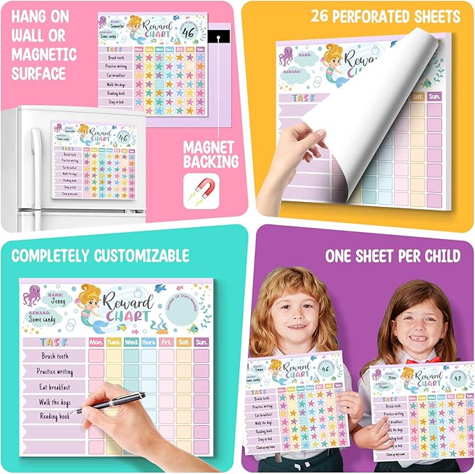 Reward Chart for Kids,Magnetic Behavior Chore Chart for Kids at Home,26 Mermaid Chore Charts,1960 Diamond Stickers,56 Reward Stickers,Incentive Chart to Develop Responsibility and Good Habits,Mermaid