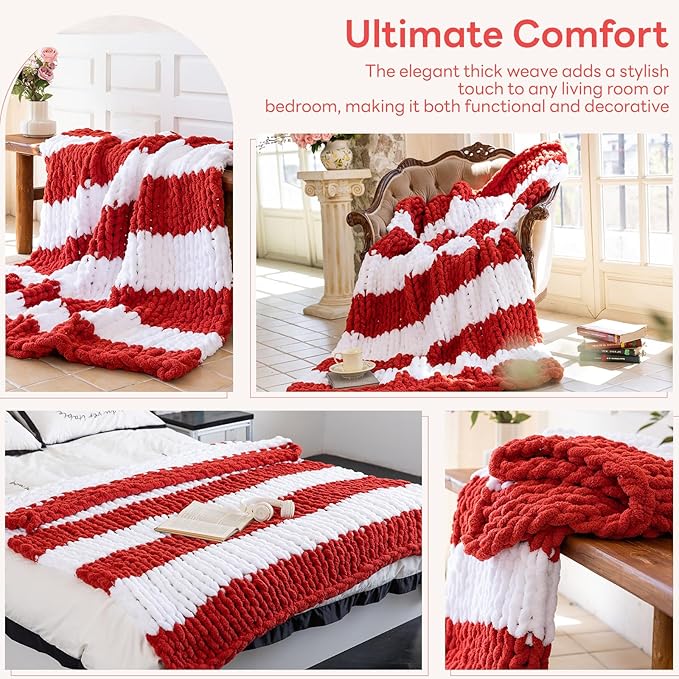 Chunky Knit Blanket - Luxury Soft Cozy 60 * 80 Throw Blanket,100% Woven Blanket Rope Knot Throw Blanket for Couch, Sofa, Home Decor, Gift - Machine Washable(White/Wine red)