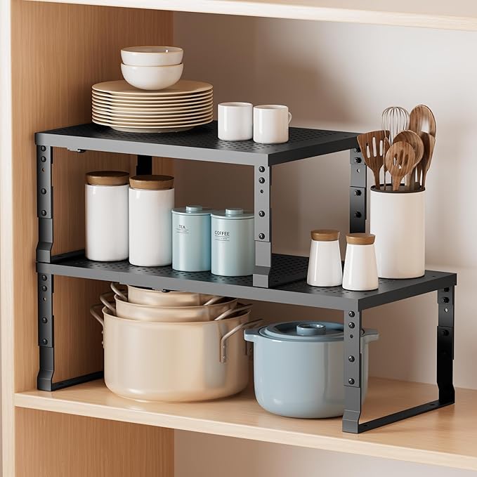 Metal Stackable Expandable Storage Shelf - Multi-Functional Home Storage Shelf, Suitable for Kitchen, Cabinet,Bathroom, Office, Garage, etc.(3PACKS/Black/Medium