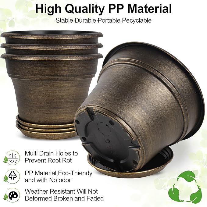 16 inch Plant Pots Outdoor Planters,4 Pack Large Plastic Flower Pot for Indoor Plants with Drainage Holes & Saucer, Resin Decorative Container Sets with Trays for House Outdoor Garden Plant Dark Gold