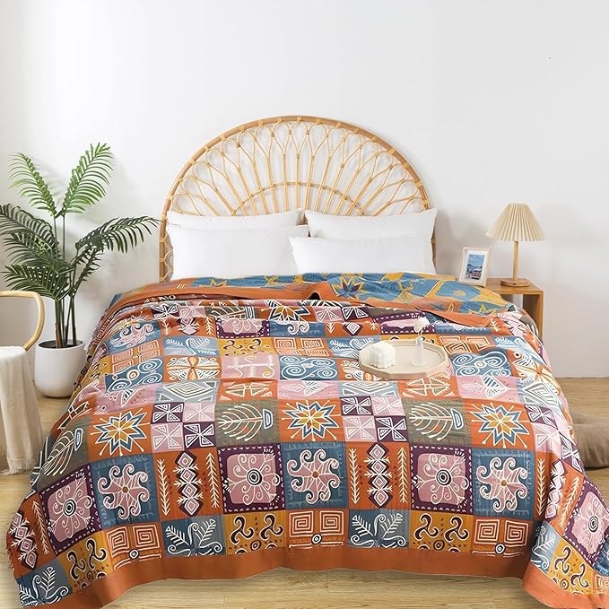 Boho Throw Blanket for Bed - 100% Pure Cotton Ultra Soft Rustic Quilt - Farmhouse Decor Bed Blankets, All Season Rustic Throw for Sofa Couch Chair(91''x 98'', Art Squares)