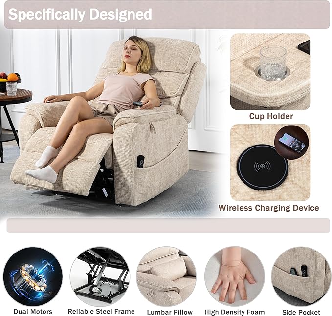 Power Lift Recliner Chair for Adults Elderly Lay Flat Velvet Recliners with Massage Heating, Extended Footrest, Wireless Charging Device, USB Ports, Cup Holder, Lumbar Pillow