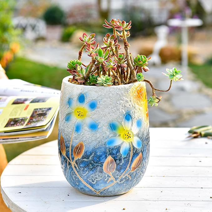 Sungmor 10.6 Inch Ceramic Succulent Plant Pot with Drainage Hole, Hand Painted Flower Pots for Plants, Unique Texture Decorative Planter for Indoor and Outdoor, Pottery Vase for Home Office Decor