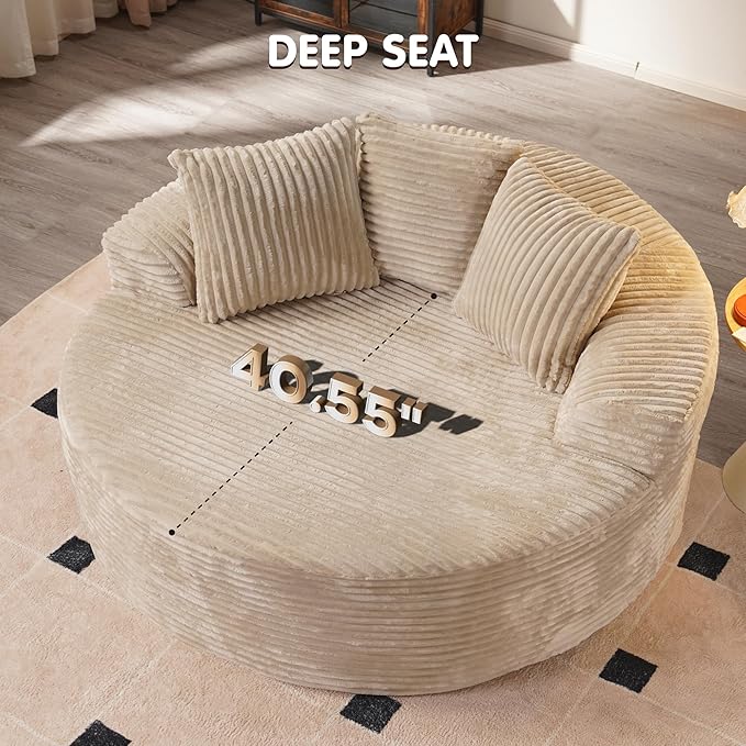 ovios 58" Oversized Round Chair Lounge Chaise Indoor, No Assembly Required, Cloud Large Circle Chair with Plush Fuax Fur, Fluffy Modern Sleeper Sofa Bed for Reading Yoga, Beige (Plush Corduroy Fabric)