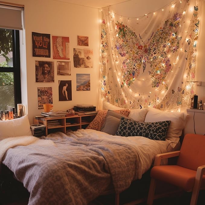 Damanse Butterfly Tapestry Wall Hanging Cute,Boho Wall Tapestry for Bedroom Aesthetic,Flower Living Room Decor for Teen Girls (White, 49.20" x 59.10")