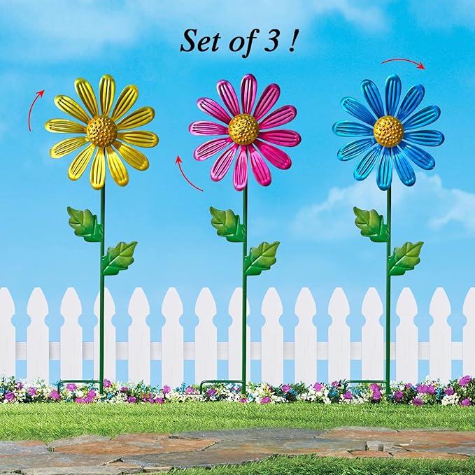 WAIU Metal Daisy Garden Stakes, Wind Catcher Spinner Garden Stakes, Garden Windmill Stakes Outdoor Wind Catchers, Yard Decor Stakes, Set of 3…
