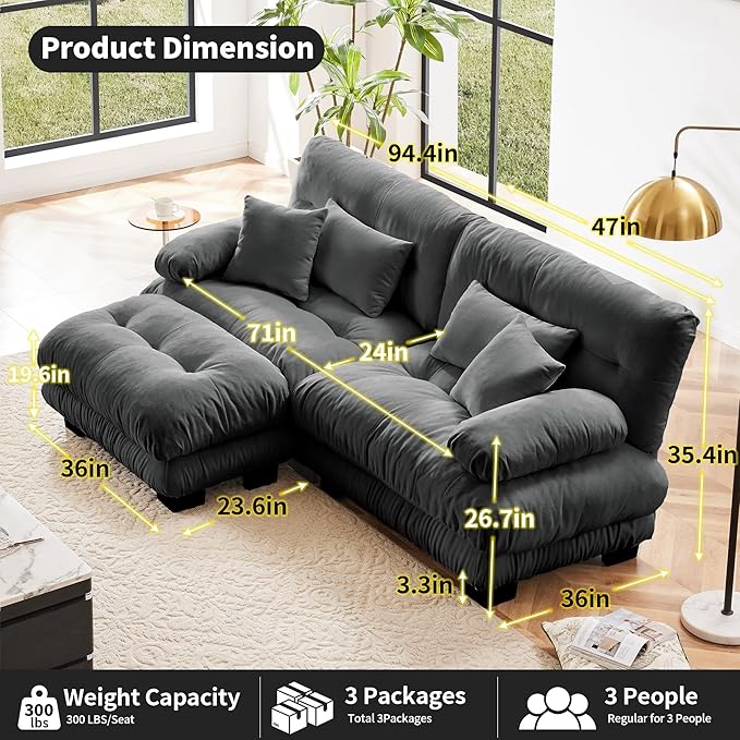 Loveseat Modular Sectional Sofa, L Shaped Couch with Ottoman, Cloud Couch Sectional Couch Home Sofa Living Room Oversized Couch Deep Seat Couch with Round Bolster Armrests 4 Pillows(Gray)