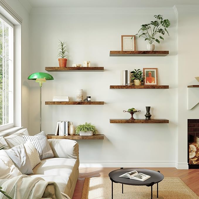 Large Floating Shelves for Wall Set of 2 Wooden Wall Shelves 24 in x 12.75 in x 2 in Room Decor Long Shelf with Invisible Wall Mount Bracket for Bedroom Kitchen Living Room Rustic Brown