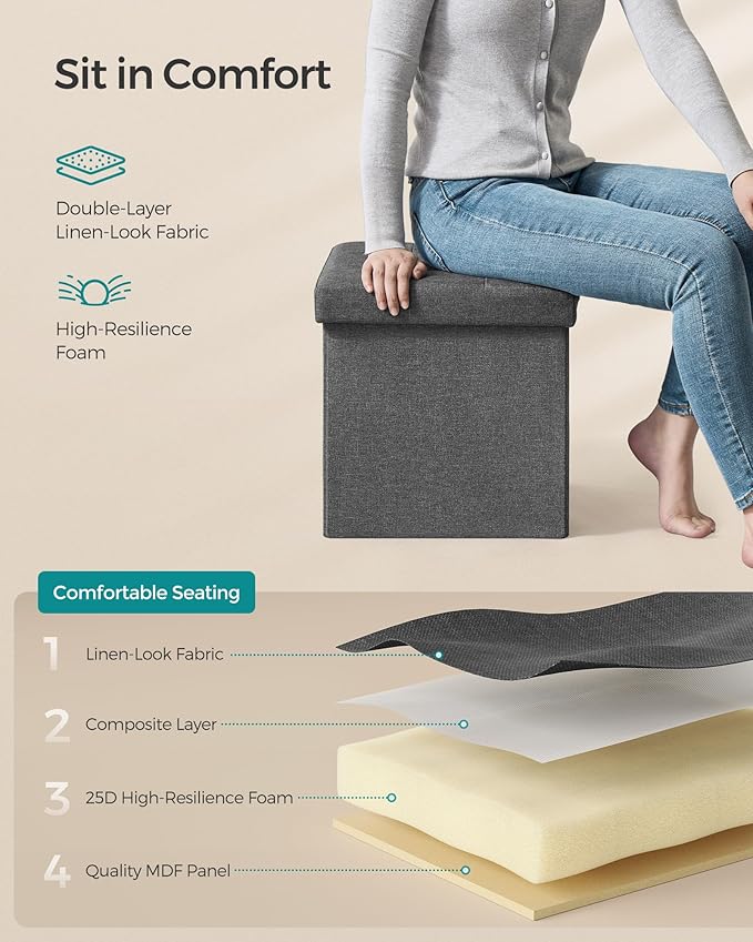 SONGMICS Folding Storage Ottoman Bench,38 x 38 x 38 cm, Ottoman Foot Rest, End of Bed Bench, Storage Chest, Load 300 kg, for Living Room, Bedroom, Entryway, Dorm, Dark Gray ULSF27Z