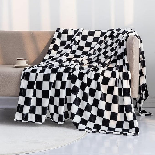LOMAO Throw Blankets Flannel Blanket with Checkerboard Grid Pattern Soft Throw Blanket for Couch, Bed, Sofa Luxurious Warm and Cozy for All Seasons (Black, 60"x80")