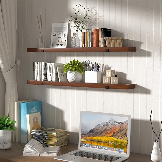 CONSDAN Floating Shelves for Wall Mounted Book Shelf Hanging Shelves Floating Bookshelf for Bedroom, Bathroom, Living Room, Kitchen USA Grown Solid Hardwood, Dark Maple 48x7.5x1.5 in (Set of 3)