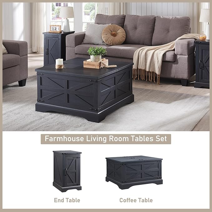 JXQTLINGMU Farmhouse Nightstand Set of 2 with Charging Station, 17" D Rectangular End Table with Barn Door & Adjustable Storage Shelf, Wood Rustic Sofa Side Table for Living Room, Bedroom, Black