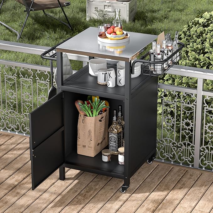 Outdoor Grill Cart with Storage Cabinet, Prep Table with Stainless Steel, BBQ Tables Cart Portable Patio Bar with Lockable Wheels, Movable Kitchen Island for Outside Backyard Patio