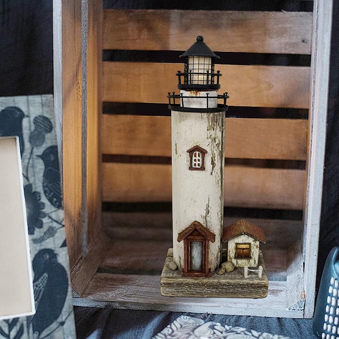 Linfevisi Wood Lighthouse Decor Rustic LED Light House Decor Wooden Decorative Nautical Lighthouse Statue Coastal Beach Themed Lighthouse Handcrafted Tabletop Decoration Home Bathroom (12")